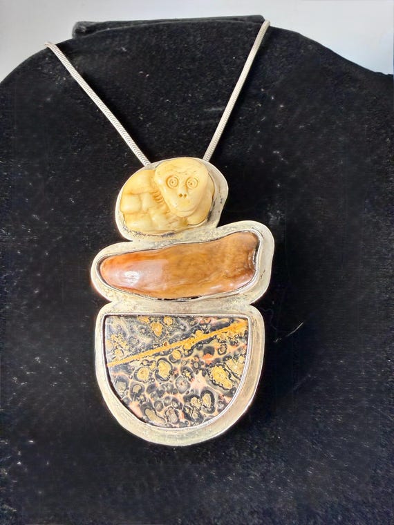 Amy Kahn Russell AKR Monkey Convertible Pendant/Necklace/Sterling Silver, Carved Bone and Jasper