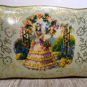 Rare 1940s C.S. Allen&#39;s Toffee Tin/Beautiful Victorian Lady  in the Garden/Classic Keepsake/Storage