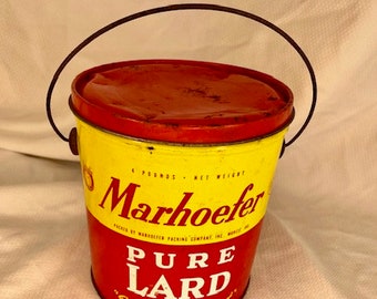 1950s 8 lb Marhoefer Pure Lard Tin/Meat Processing in Muncie, IN/Rustic Kitchen