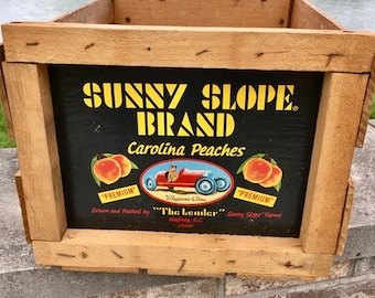 Sunny Slope Brand Carolina Peaches/Wooden Fruit Crate/Race Car Logo