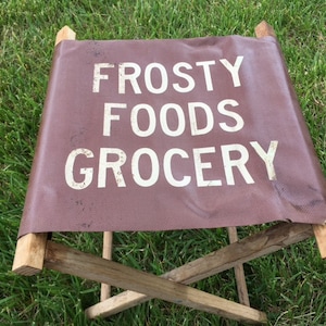1930s Go Anywhere Folding Wooden Camp Stools/Leather Seats/1930s Grocery Advertising