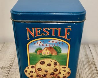 1970s Vintage Blue Nestle Canister/ Toll House Cookies/Kitchen Decor