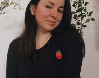 Strawberry Embroidery Dark Grey Thrifted Sweater