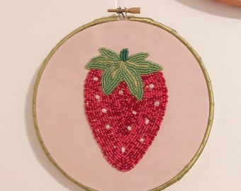 Sparkly Beaded Strawberry Embroidery Hoop