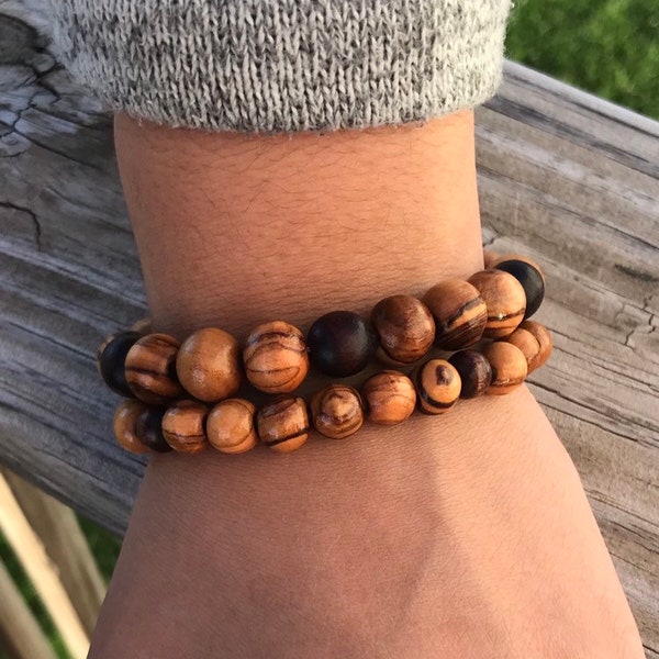 BRIAN • Olive wood • men bracelet • women bracelet • stripe wooden beads