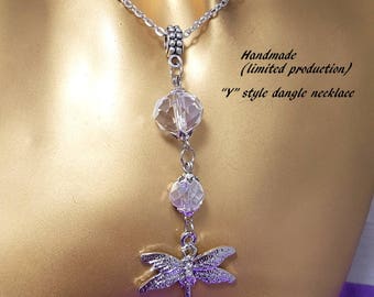 Y - Style Dangle Crystal Necklace w/Dragonfly Charm