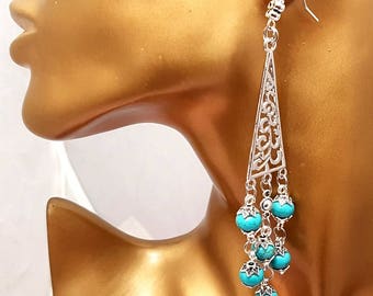 Boho Chic Long Dangle Turquoise Beads Earrings