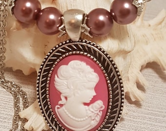 Victorian style Cameo(resin) Pendant with Faux Pearl Beads