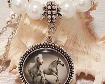 Beautiful White Horses Cabochon Style Necklace