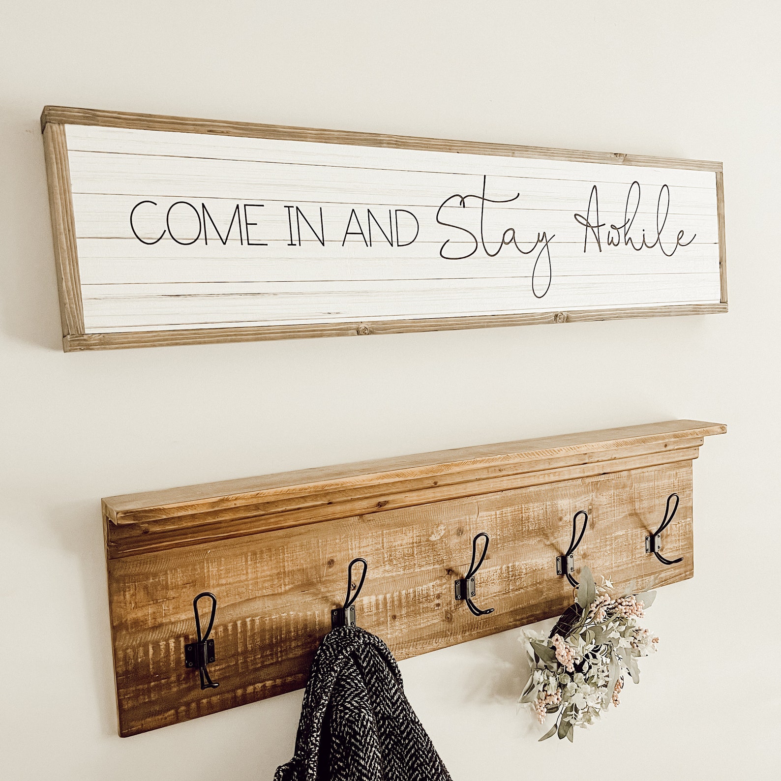 Come In and Stay Awhile Wood Sign - Entryway Shiplap Decor - Twin Size 10" x 37" inches, Western Oak