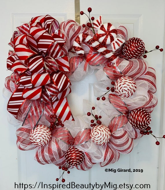 Candy Cane Themed Christmas Front Door Wreath Red And White Etsy