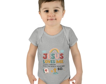 Body para bebé "Jesús me ama" / Arcoíris, versículo bíblico cristiano