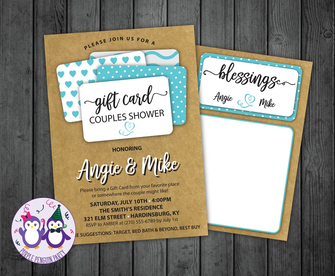 Gift Card Couples Shower Invitation in Teal Gift Card Shower Etsy