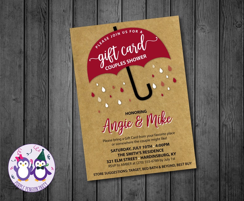 Umbrella Gift Card Couples Shower Invitation in Cranberry Gift Etsy
