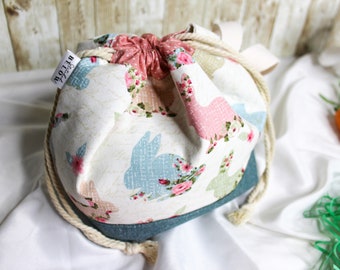 Easter Bunny Project Bag: Floral Sock Knitting Drawstring Bag