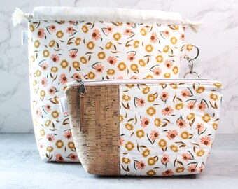Medium Drawstring | PB and J Pouch| Spring Flowers | Knitting/Crochet Project Bag, Craft Bag