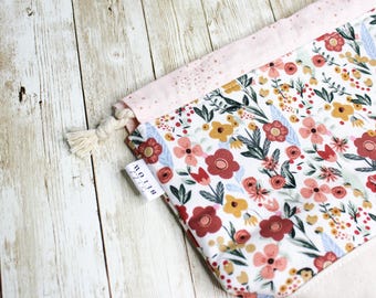Floral Project Bag for Knitting & Crochet: Sock Finchbucket, Drawstring Cotton Canvas