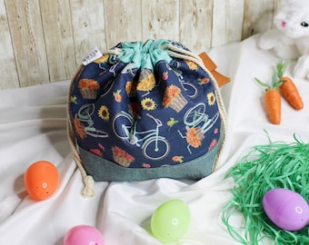Easter Bicycle Print Project Bag: Knitting, Crochet Drawstring Bag