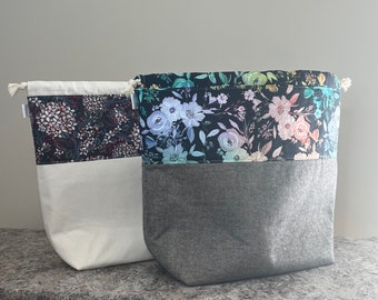 Large Floral Drawstring Project Bag: Cotton Lined Tote