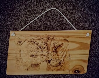 Lions Pyrography art snuggle wood burning picture on wood