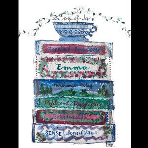 May include: A stack of six books with painted covers featuring the titles "Mansfield Park", "Emma", "Northanger Abbey", "Pride and Prejudice", "Persuasion", and "Sense and Sensibility". A blue and white teacup with a floral design sits on top of the stack.