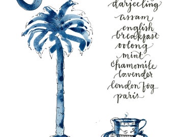 Akwarela „Podwieczorek w Karolinie Południowej”: Palmetto i filiżanka