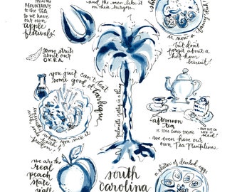 South Carolina Cuisine SC Food Carolina Cooking Recipes Blue & White Handlettered Watercolor Prints Palmetto State Moon Grits Shrimp