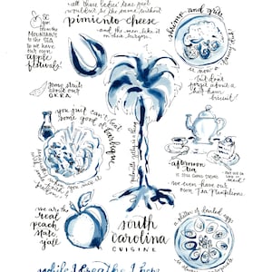 South Carolina Cuisine SC Food Carolina Cooking Recipes Blue & White Handlettered Watercolor Prints Palmetto State Moon Grits Shrimp