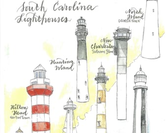 Impression des phares de Caroline du Sud d’une aquarelle manuscrite