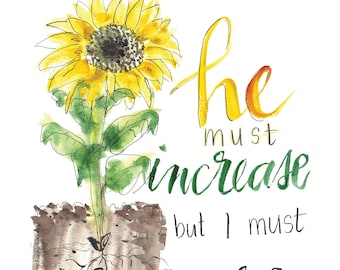 Ele deve aumentar, mas eu devo diminuir. Impressão da aquarela original 8,5" x 11" João 3:30