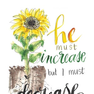 Puede incluir: Pintura acuarela de un girasol con la cita "Él tiene que crecer, pero yo tengo que disminuir." Juan 3:30.