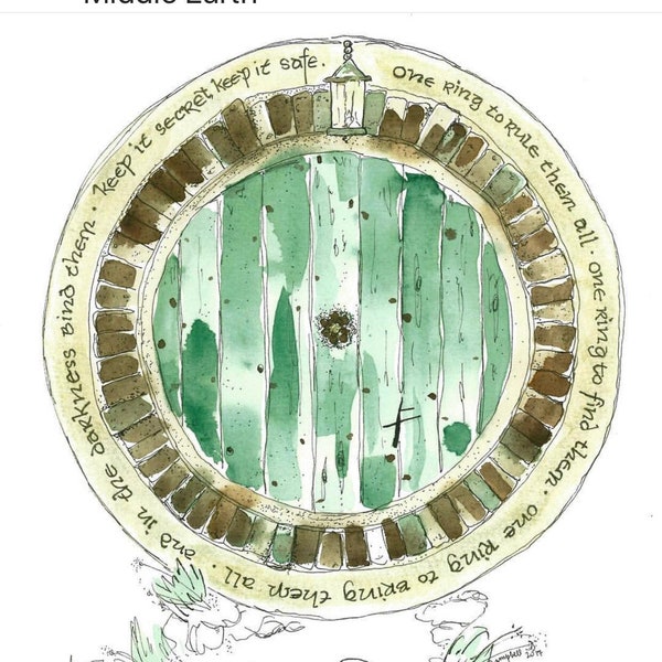 Bag End Green Door One Ring Literature fan art watercolor hobbit hole 8.5"x11" wall art art print hand embellished LOTR