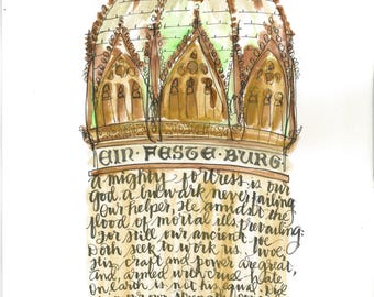 Martin Luther Hymn Print: Wittenberg Castle Watercolor Art (8.5"x11")