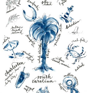 SC Beaches Coastal Carolina Blue & White print of handlettered watercolor Daufuskie Blufton Edisto Pawleys Folly beach Lowcountry