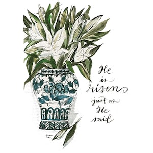 Easter Lilies Print: Blue Chinoiserie Ginger Jar Watercolor