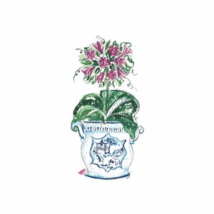 Charmante Chinoiserie Topiary Pink Lily grote kaart/kleine print 8,5 x 5,5 inch uit een aquarel van Nancy Campbell blauw-wit
