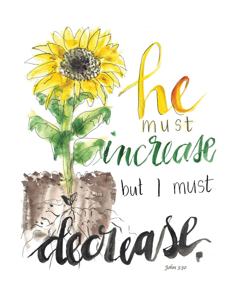 May include: Watercolor painting of a sunflower with the quote "He must increase, but I must decrease." John 3:30.