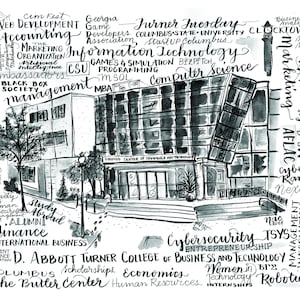 CSU Columbus, State University, Abbott Turner School of Business print from an original watercolor by Nancy Campbell black and white unique