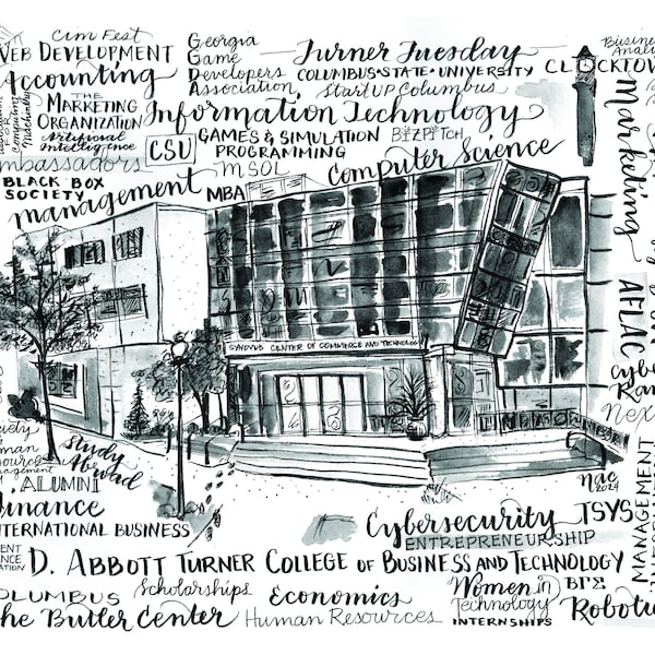 CSU Columbus, State University, Abbott Turner School of Business print from an original watercolor by Nancy Campbell black and white unique