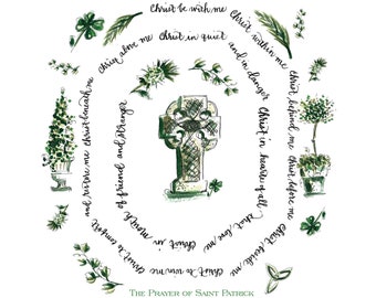 St. Patrick’s “Breastplate Prayer” print green white Irish Celtic Cross thistle herbs calligraphy