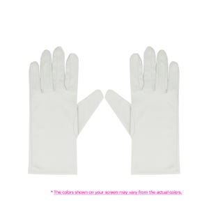 Puede incluir: Un par de guantes blancos sobre un fondo blanco. Los guantes están colocados planos, con los dedos de cada guante apuntando hacia arriba y hacia afuera. El texto en la parte inferior dice: "Los colores que se muestran en su pantalla pueden variar de los colores reales."