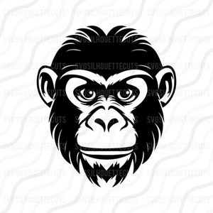 May include: Black and white silhouette of a monkey's face. The monkey has a serious expression with furrowed brows and a slight smile.