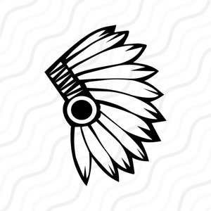 May include: Black and white line art illustration of a Native American headdress with feathers. The headdress has a band with a circle in the center.