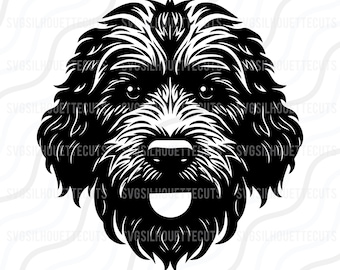 May include: Black and white silhouette of a doodle dog's head. The dog is looking directly at the viewer with its mouth open in a smile.