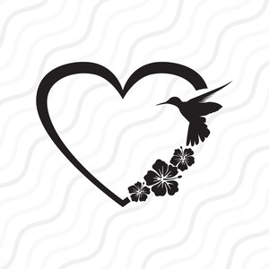 May include: Black silhouette of a hummingbird flying out of a heart shape with three hibiscus flowers.