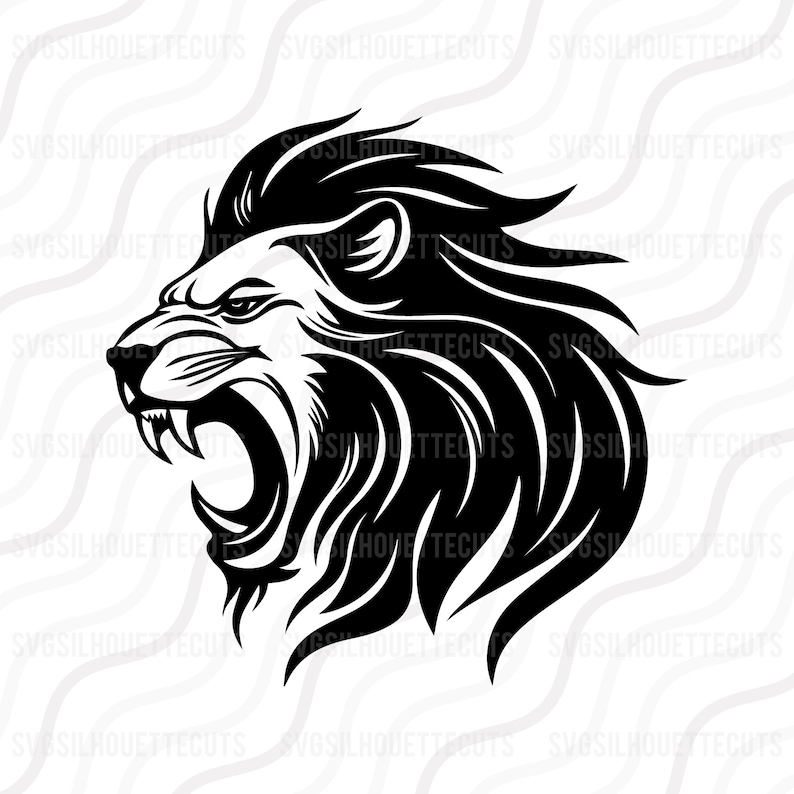 May include: A black and white silhouette of a roaring lion's head with a detailed mane.