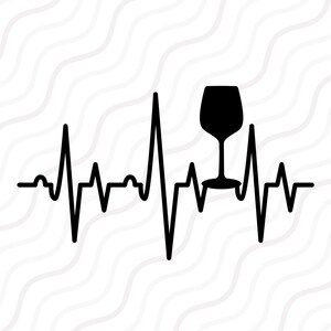 Pode incluir: Gr&aacute;fico preto e branco de uma ta&ccedil;a de vinho com uma linha de batimento card&iacute;aco. A ta&ccedil;a de vinho est&aacute; no centro da linha de batimento card&iacute;aco.