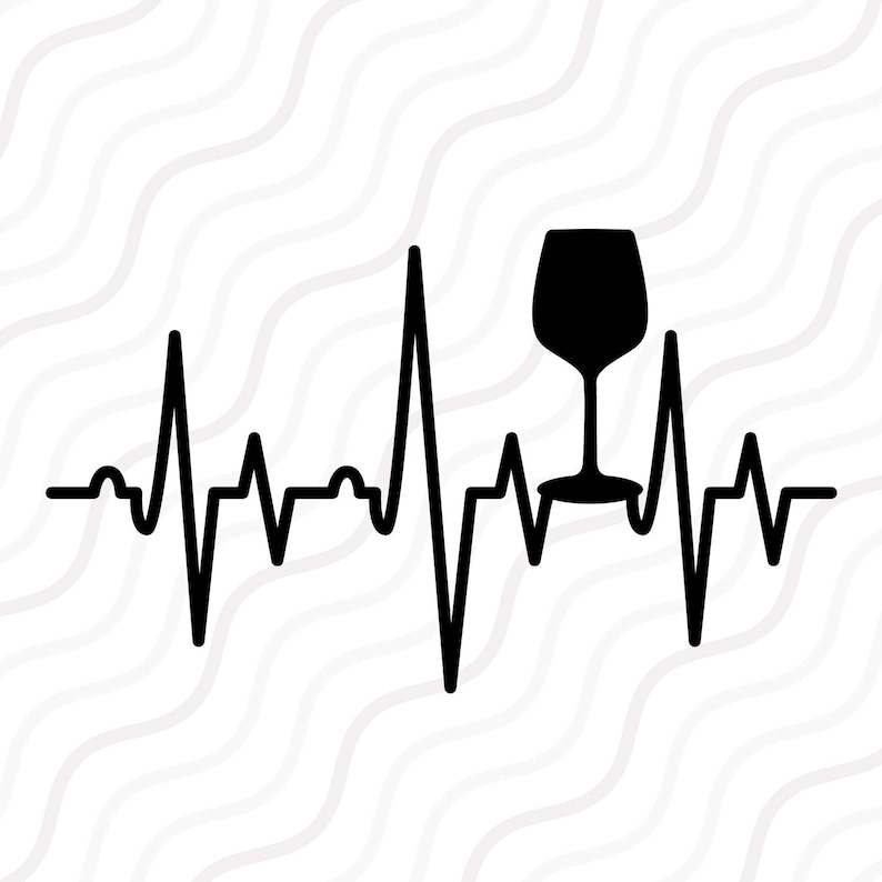 Pode incluir: Gr&aacute;fico preto e branco de uma ta&ccedil;a de vinho com uma linha de batimento card&iacute;aco. A ta&ccedil;a de vinho est&aacute; no centro da linha de batimento card&iacute;aco.