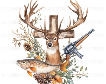 Faith Fishing Hunting PNG: Cross Sublimation Design (Digital Download 300dpi)
