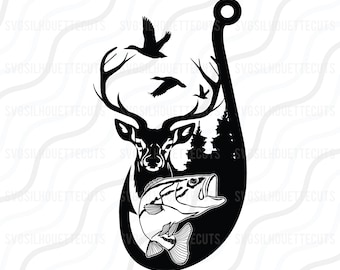 Deer fish tree scene on fishing hook SVG, Fishing SVG Cut table Design, svg, dxf, png Use With Silhouette Studio & Cricut_DigitalDownload